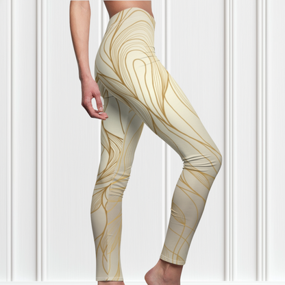 These custom women's high waisted leggings have a base color of a light beige  that fades to a even brighter beige at points to give off a 3D wave design, there are gold lines overlayed across the top of the beige that contour to the body.