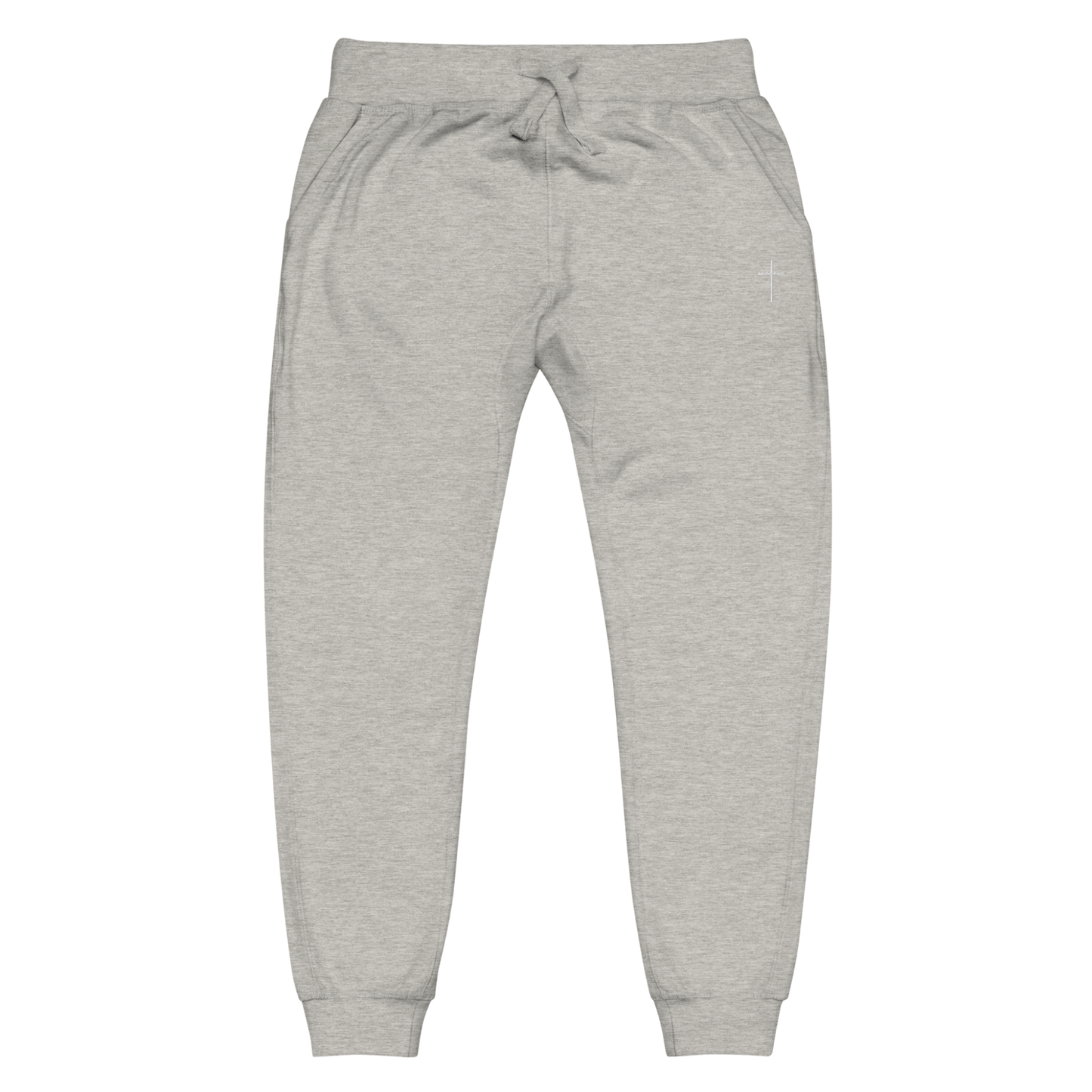 A pair of super soft ankle length Christian unisex sweatpants, there are two pockets on the front and one pocket on the back right, on the front left pocket is a embroidered white cross.