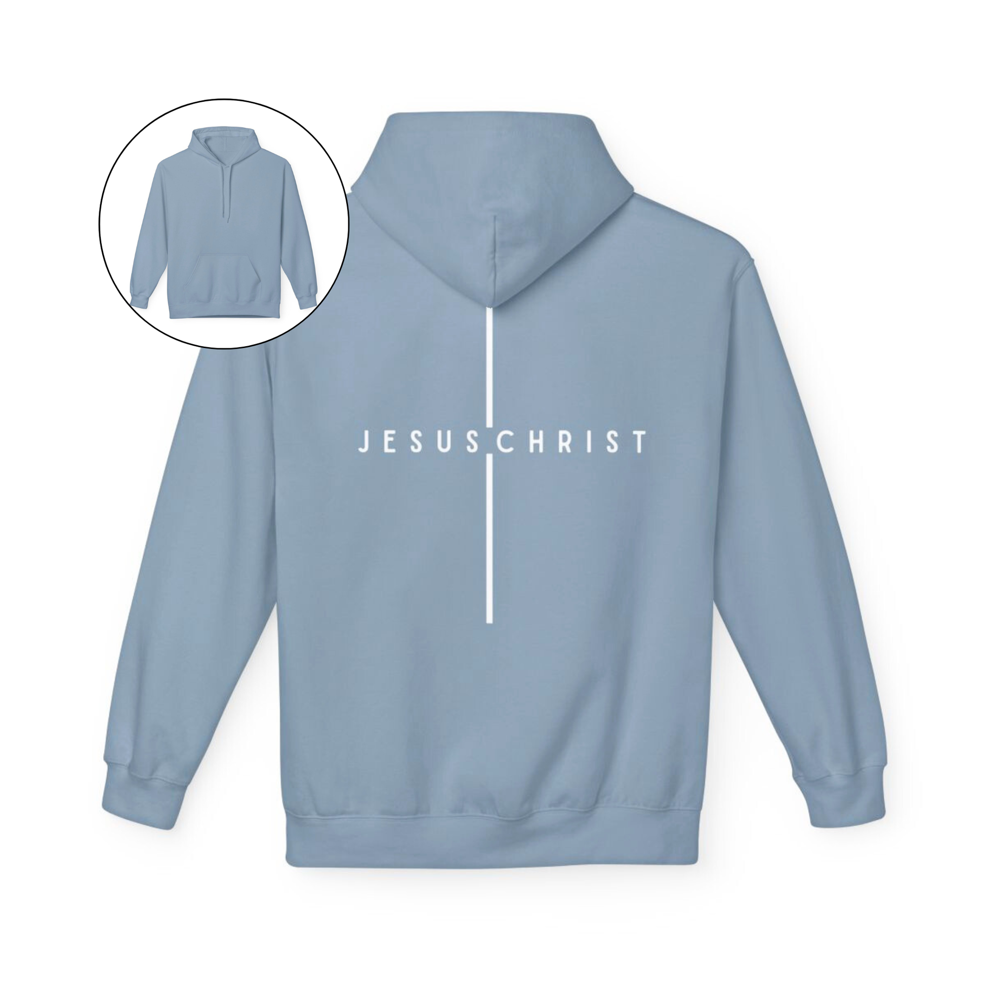 On the back of this custom Christian hoodie is the name Jesus Christ with a line above and below the name making it look like a cross.