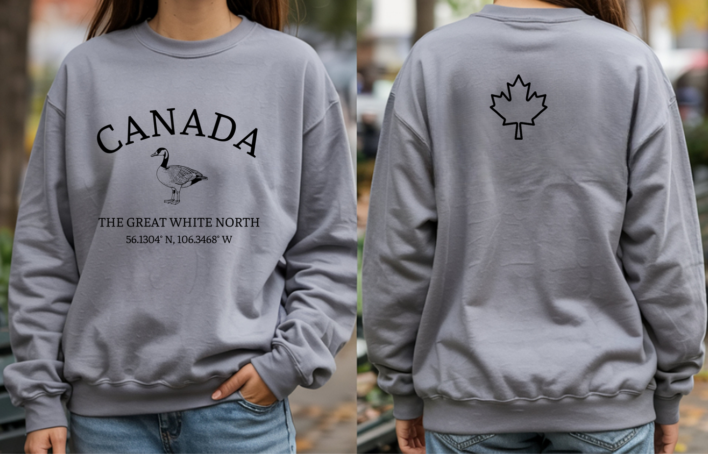 On the front of this unisex super soft Canadian sweatshirt is the word Canada in large text on the top with an image of a Canadian Goose underneath. Under the Goose are the words The Great White North with Canada's geological location under that.