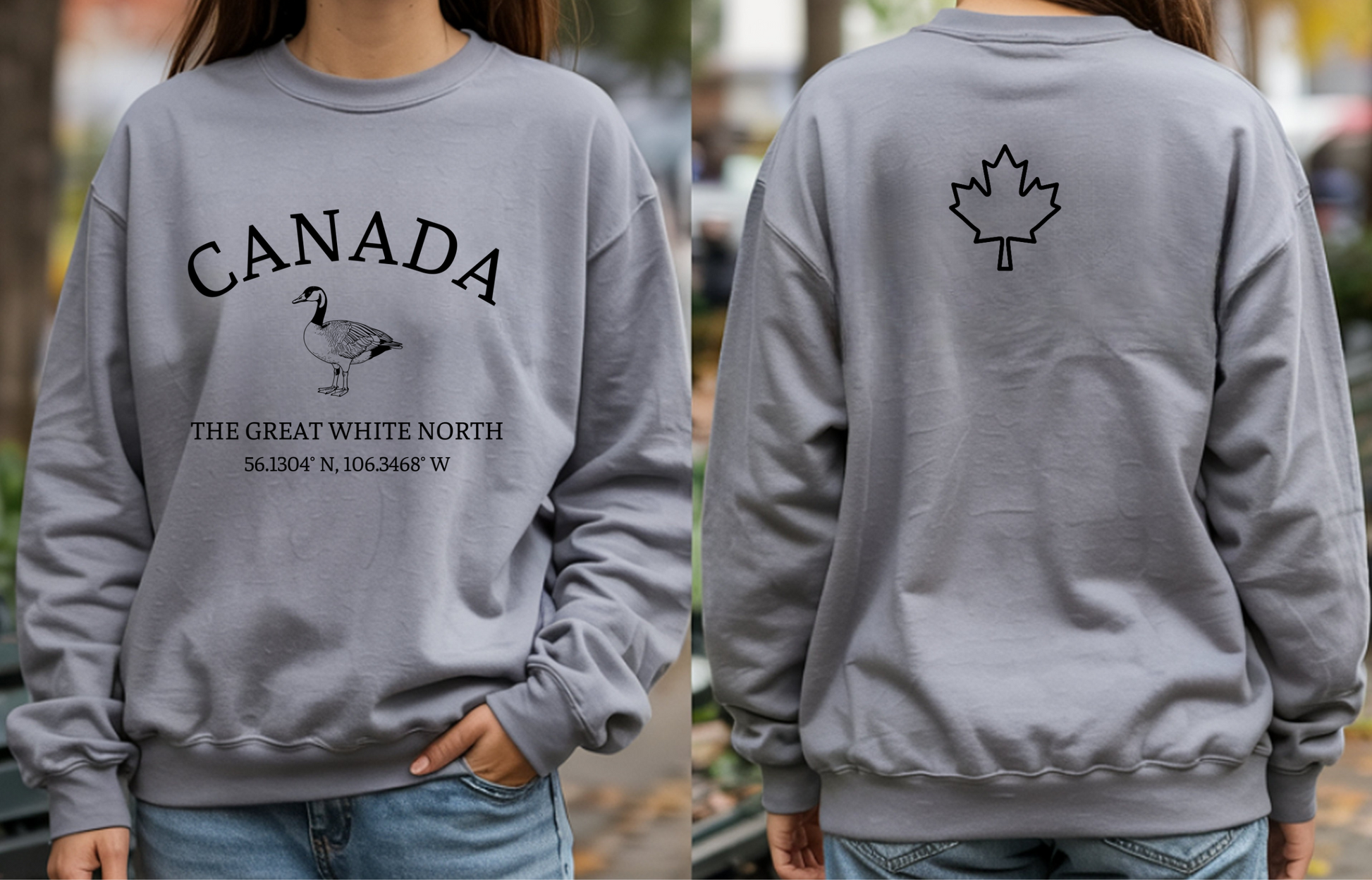 On the front of this unisex super soft Canadian sweatshirt is the word Canada in large text on the top with an image of a Canadian Goose underneath. Under the Goose are the words The Great White North with Canada's geological location under that.