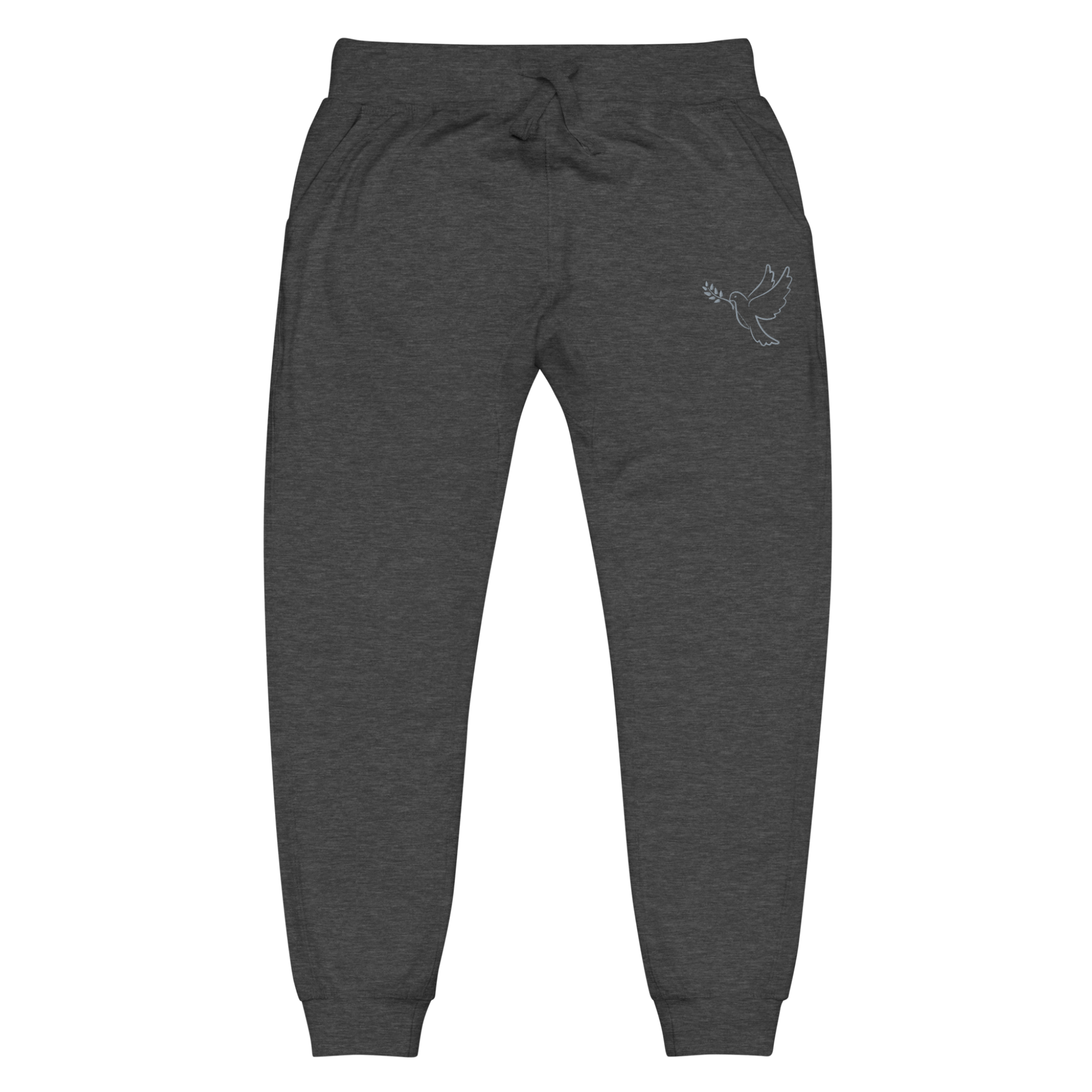 A pair of super soft ankle length unisex Christian sweatpants, there are two pockets on the front and one pocket on the back right, on the front left pocket  there is an embroidered dove with a fig leaf in silver thread.