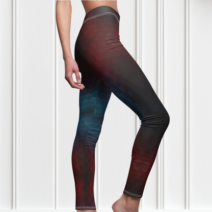 These custom high waisted women's leggings have an burgundy and teal octagon pattern throughout the entire pant that makes them look 3D with the colors shifting from lighter to darker in shade.