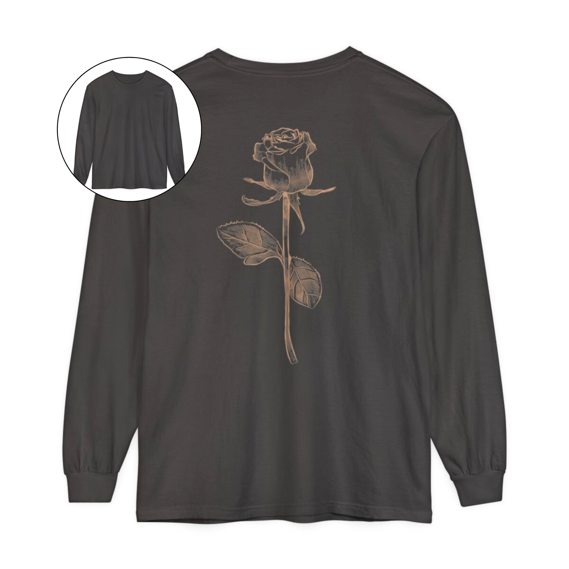 On the back of this custom women's long sleeve tee is a beige colored long stem rose that is the length of the shirt