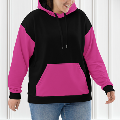 A women's custom oversized handmade hoodie, on the front and the back of the hoodie is the color black, the sleeves, front kangaroo pocket and hood are all a bright pink color, the strings of the sweater are black.