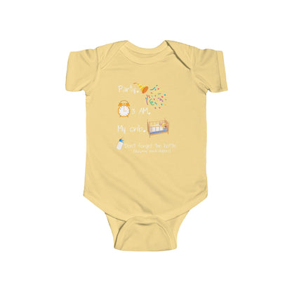 On the front of this custom onesie are the words Party. 3 Am. My Crib. Don't Forget The Bottle, there are images of a exploding party bopper and a clock with a crib and then a bottle next to the words.