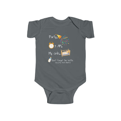 On the front of this custom onesie are the words Party. 3 Am. My Crib. Don't Forget The Bottle, there are images of a exploding party bopper and a clock with a crib and then a bottle next to the words.