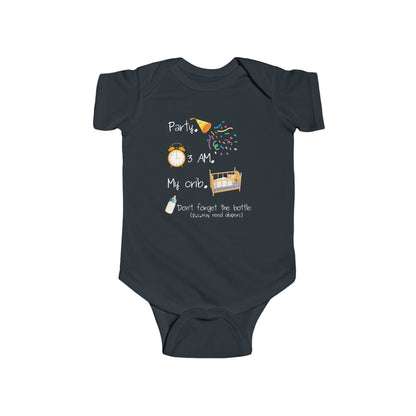 On the front of this custom onesie are the words Party. 3 Am. My Crib. Don't Forget The Bottle, there are images of a exploding party bopper and a clock with a crib and then a bottle next to the words.