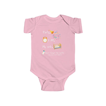 On the front of this custom onesie are the words Party. 3 Am. My Crib. Don't Forget The Bottle, there are images of a exploding party bopper and a clock with a crib and then a bottle next to the words.