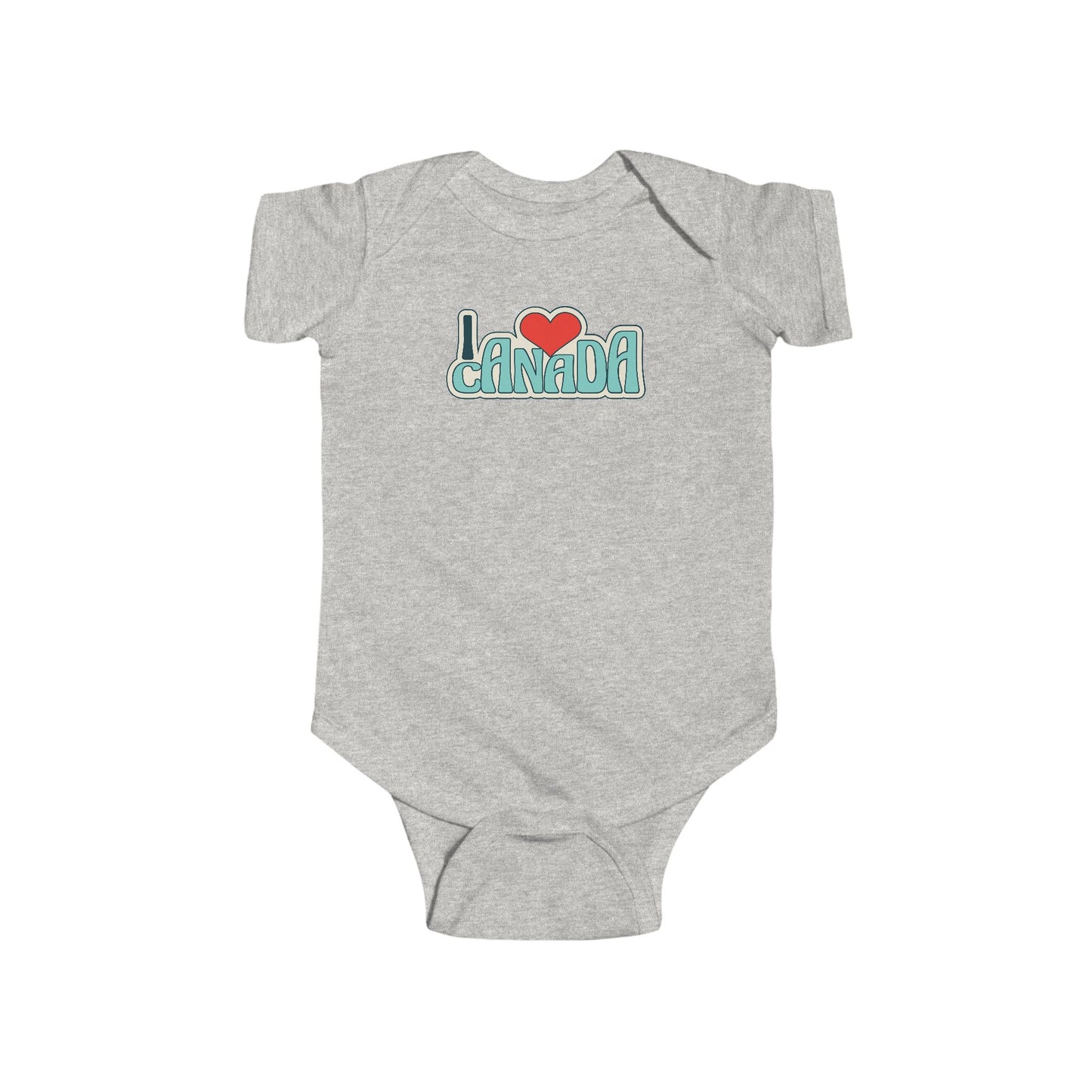On the front of this custom baby onesie are the words I Love Canada in large bubble letters with the  word love being a heart, the image has a retro look to it.