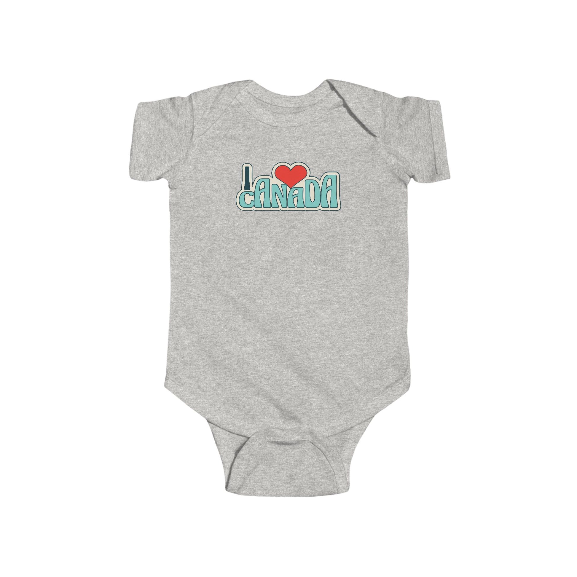 On the front of this custom baby onesie are the words I Love Canada in large bubble letters with the  word love being a heart, the image has a retro look to it.