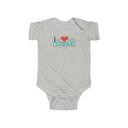On the front of this custom baby onesie are the words I Love Canada in large bubble letters with the  word love being a heart, the image has a retro look to it.