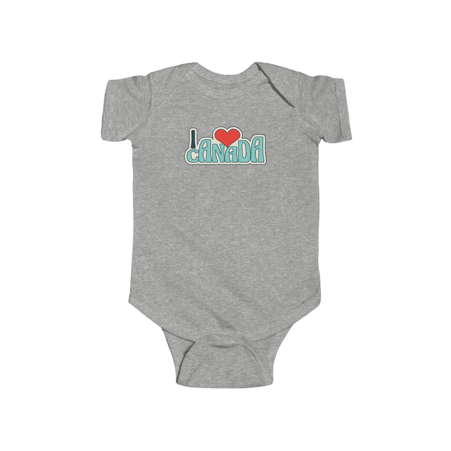 On the front of this custom baby onesie are the words I Love Canada in large bubble letters with the  word love being a heart, the image has a retro look to it.