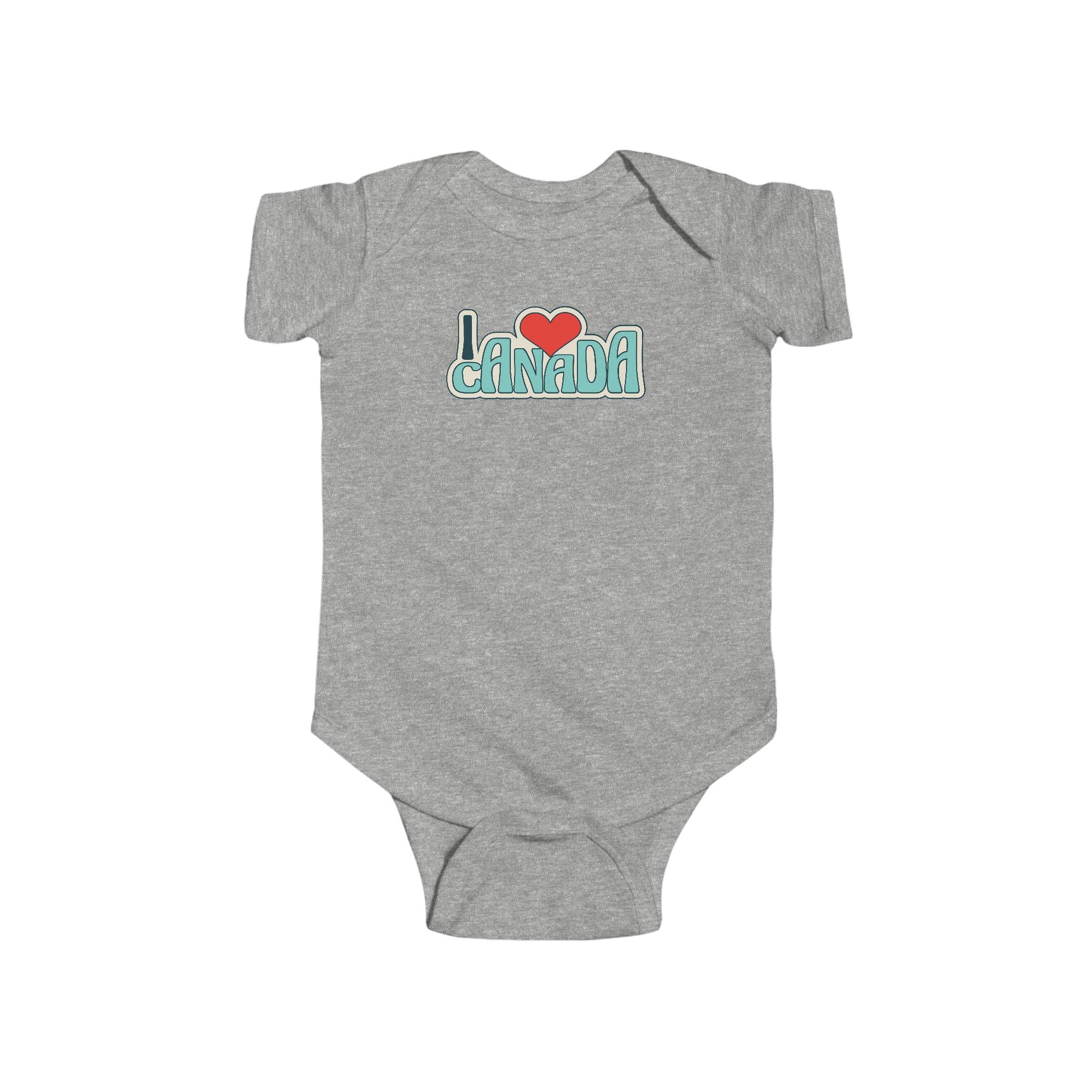On the front of this custom baby onesie are the words I Love Canada in large bubble letters with the  word love being a heart, the image has a retro look to it.