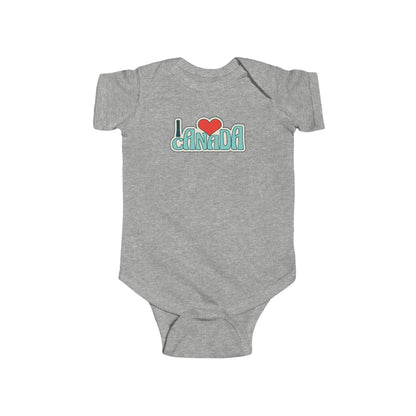 On the front of this custom baby onesie are the words I Love Canada in large bubble letters with the  word love being a heart, the image has a retro look to it.