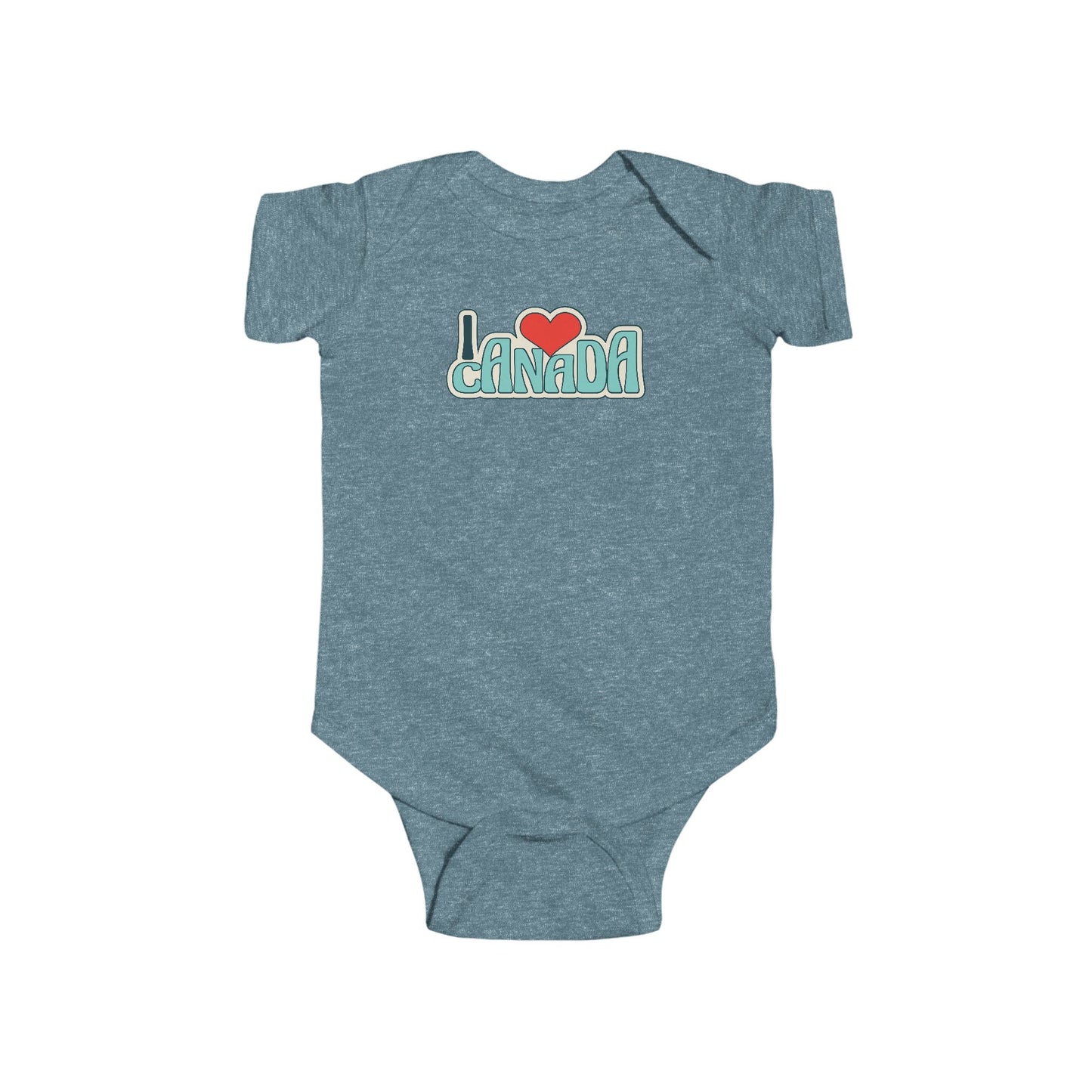 On the front of this custom baby onesie are the words I Love Canada in large bubble letters with the  word love being a heart, the image has a retro look to it.