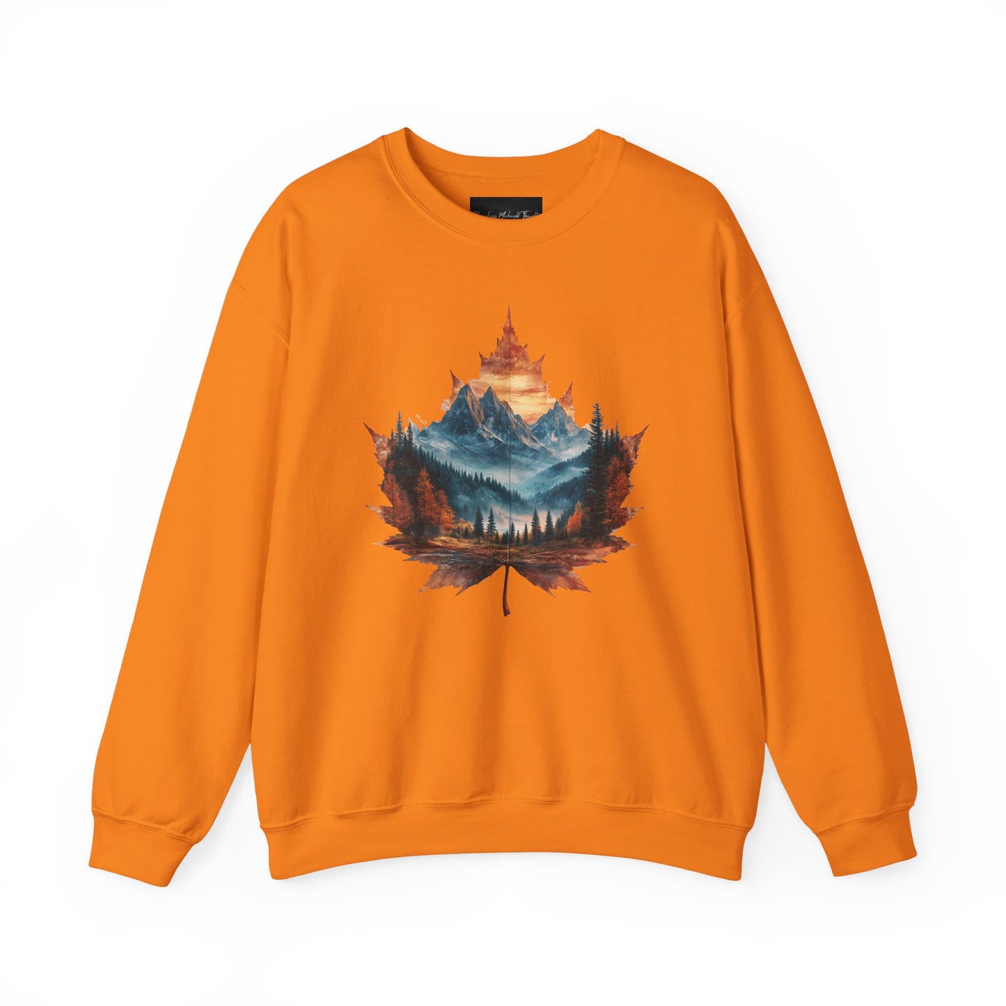 On the front of this Canadian pride sweatshirt is a large maple leaf with the inside of the leaf having a picture of the Rocky Mountains in the fall time.
