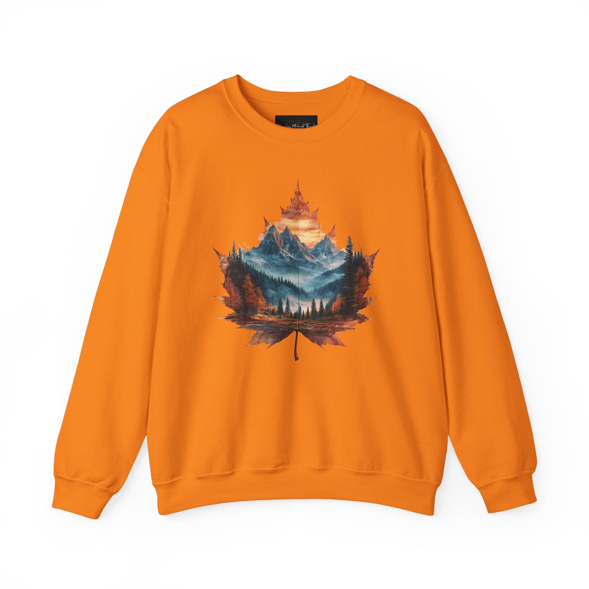 On the front of this Canadian pride sweatshirt is a large maple leaf with the inside of the leaf having a picture of the Rocky Mountains in the fall time.