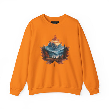 On the front of this Canadian pride sweatshirt is a large maple leaf with the inside of the leaf having a picture of the Rocky Mountains in the fall time.