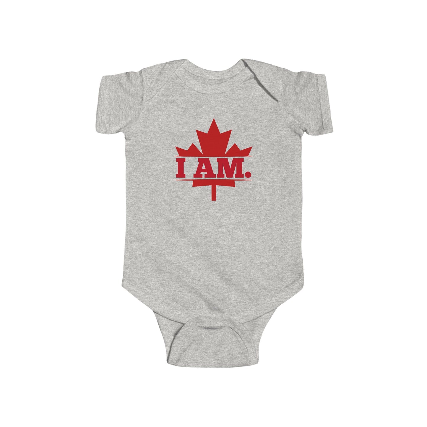 On the front of this custom infant short sleeve onesie is a image of a Canadian Maple leaf with the words I AM in the center of it in large block letters.