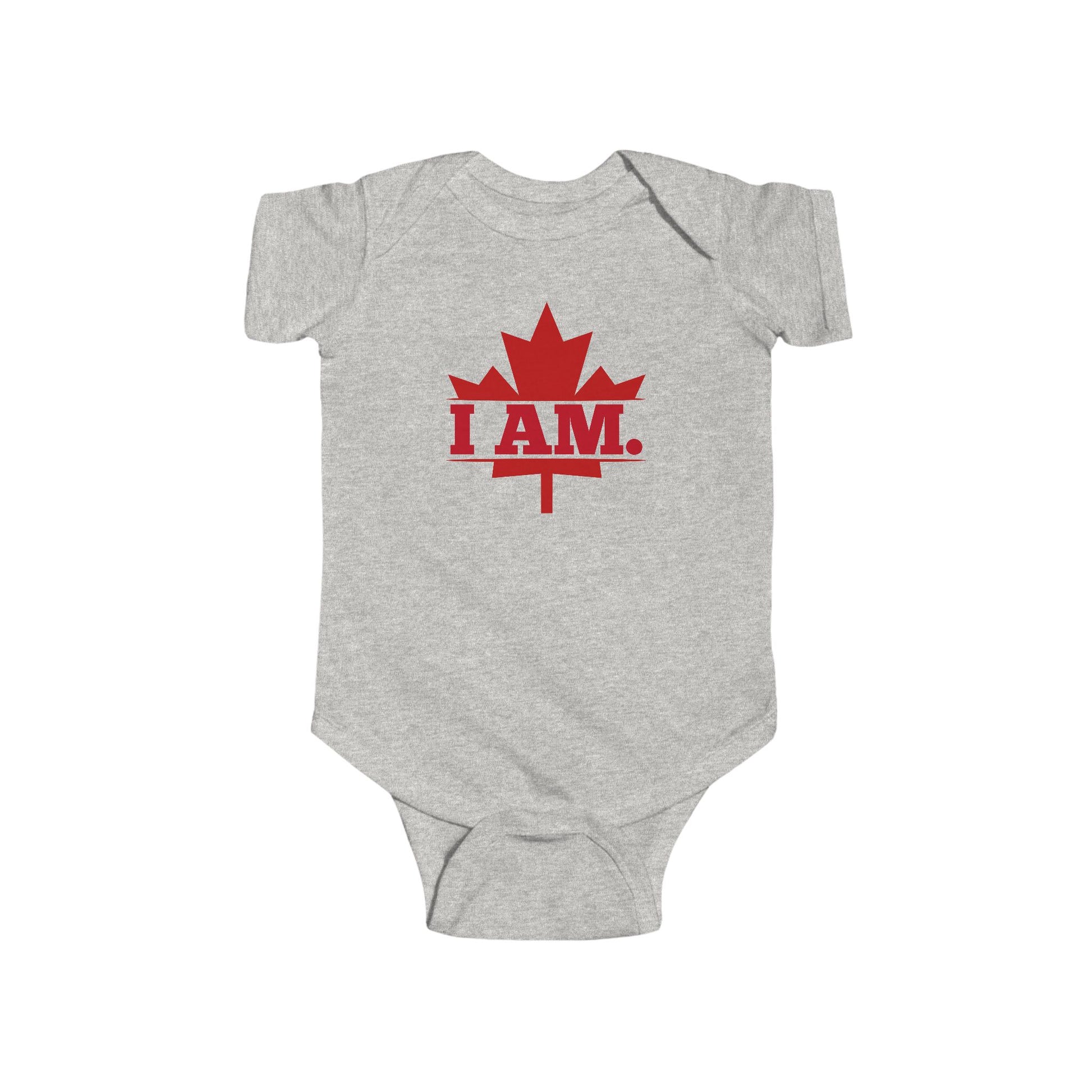 On the front of this custom infant short sleeve onesie is a image of a Canadian Maple leaf with the words I AM in the center of it in large block letters.