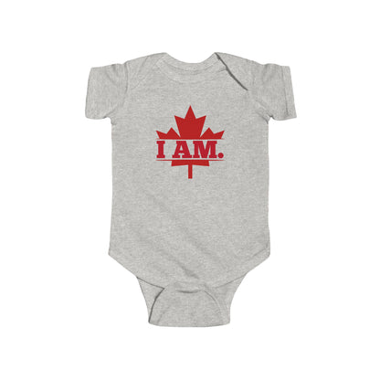 On the front of this custom infant short sleeve onesie is a image of a Canadian Maple leaf with the words I AM in the center of it in large block letters.