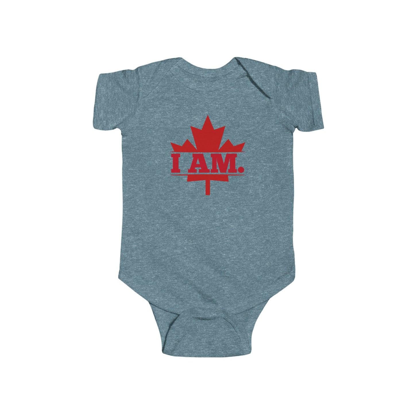 On the front of this custom infant short sleeve onesie is a image of a Canadian Maple leaf with the words I AM in the center of it in large block letters.