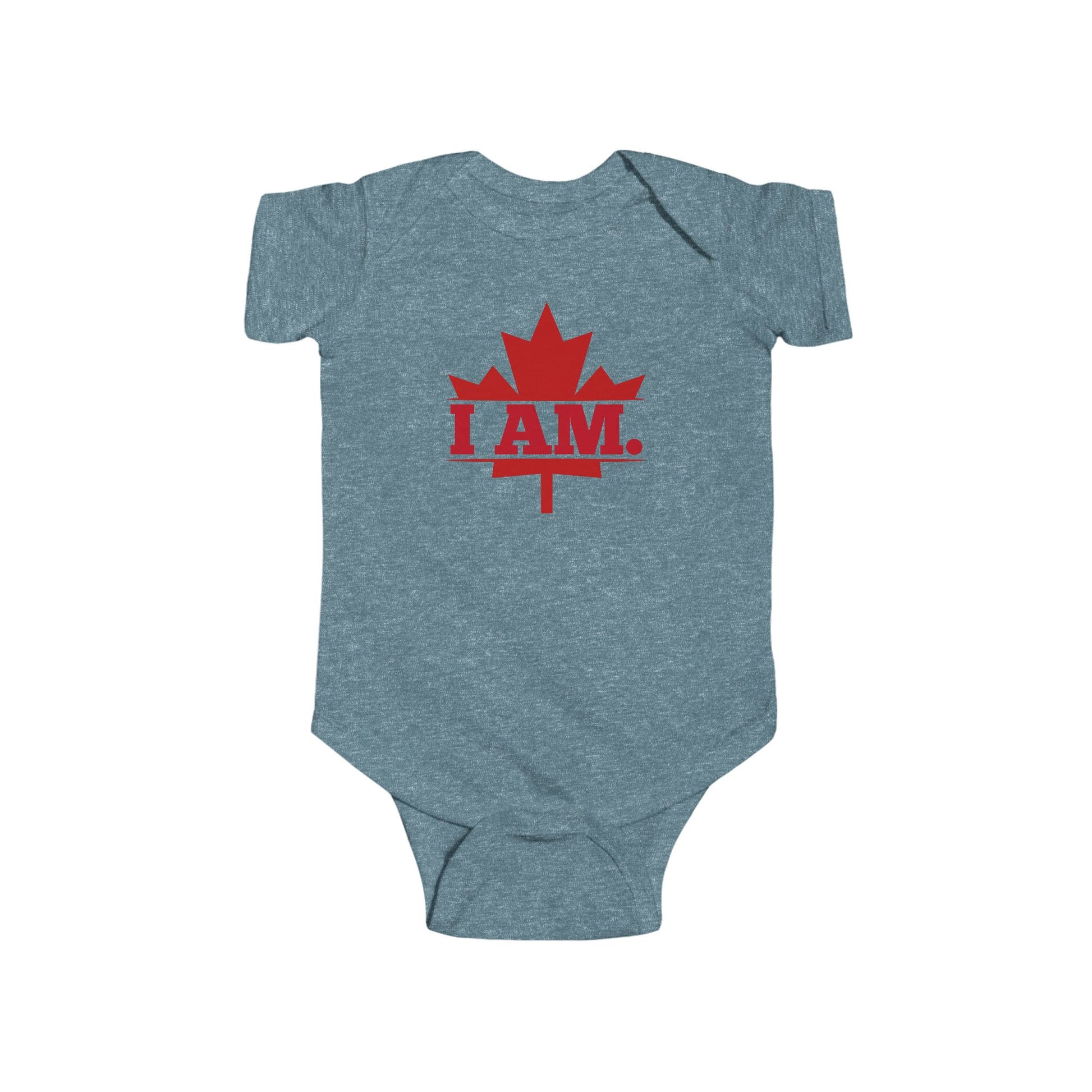 On the front of this custom infant short sleeve onesie is a image of a Canadian Maple leaf with the words I AM in the center of it in large block letters.