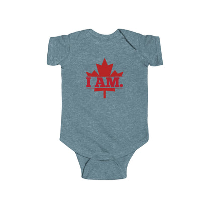 On the front of this custom infant short sleeve onesie is a image of a Canadian Maple leaf with the words I AM in the center of it in large block letters.