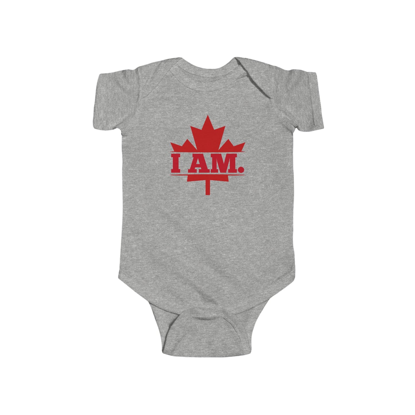On the front of this custom infant short sleeve onesie is a image of a Canadian Maple leaf with the words I AM in the center of it in large block letters.