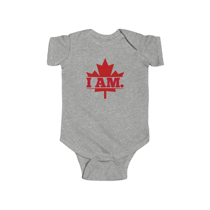On the front of this custom infant short sleeve onesie is a image of a Canadian Maple leaf with the words I AM in the center of it in large block letters.