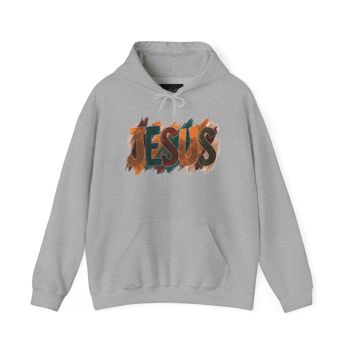 On the front of this Christian hoodie is the name Jesus is large bubble letters with each letter being a different Autumn color, this sweater is perfect for fall time.