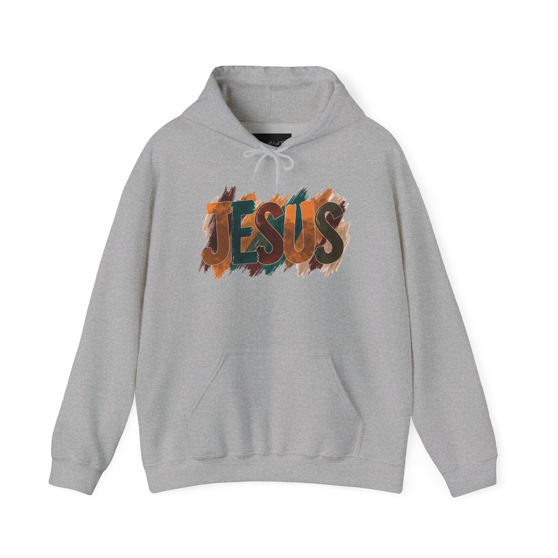 On the front of this Christian hoodie is the name Jesus is large bubble letters with each letter being a different Autumn color, this sweater is perfect for fall time.