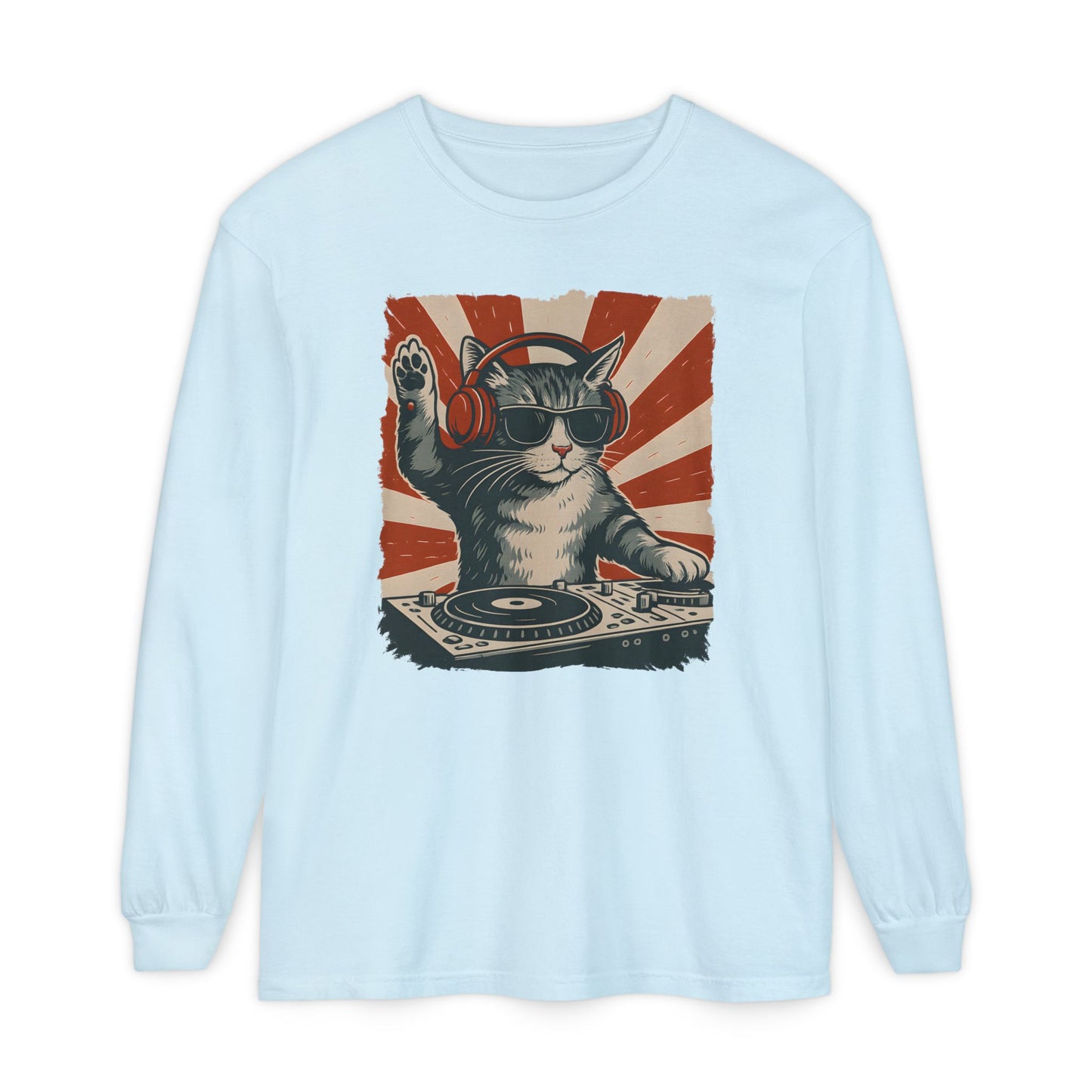 On the front of this custom retro long sleeve shirt is a DJ playing music, except the DJ is a cat that is wearing headphones, there is a vintage red and ivory background behind the cat.