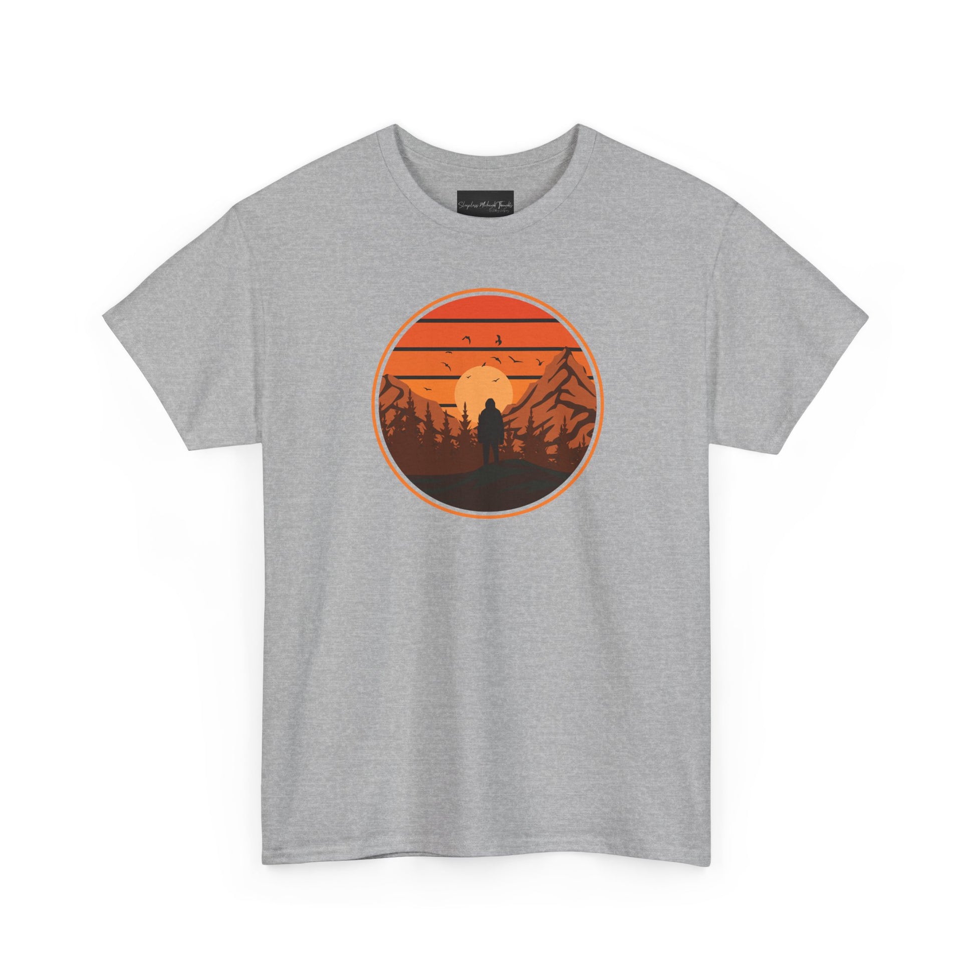 On the front of this custom tee is a large circle on the center of the chest that has an image of bigfoot right in the middle, there is a sun setting with mountain ranges and pine trees in the background.