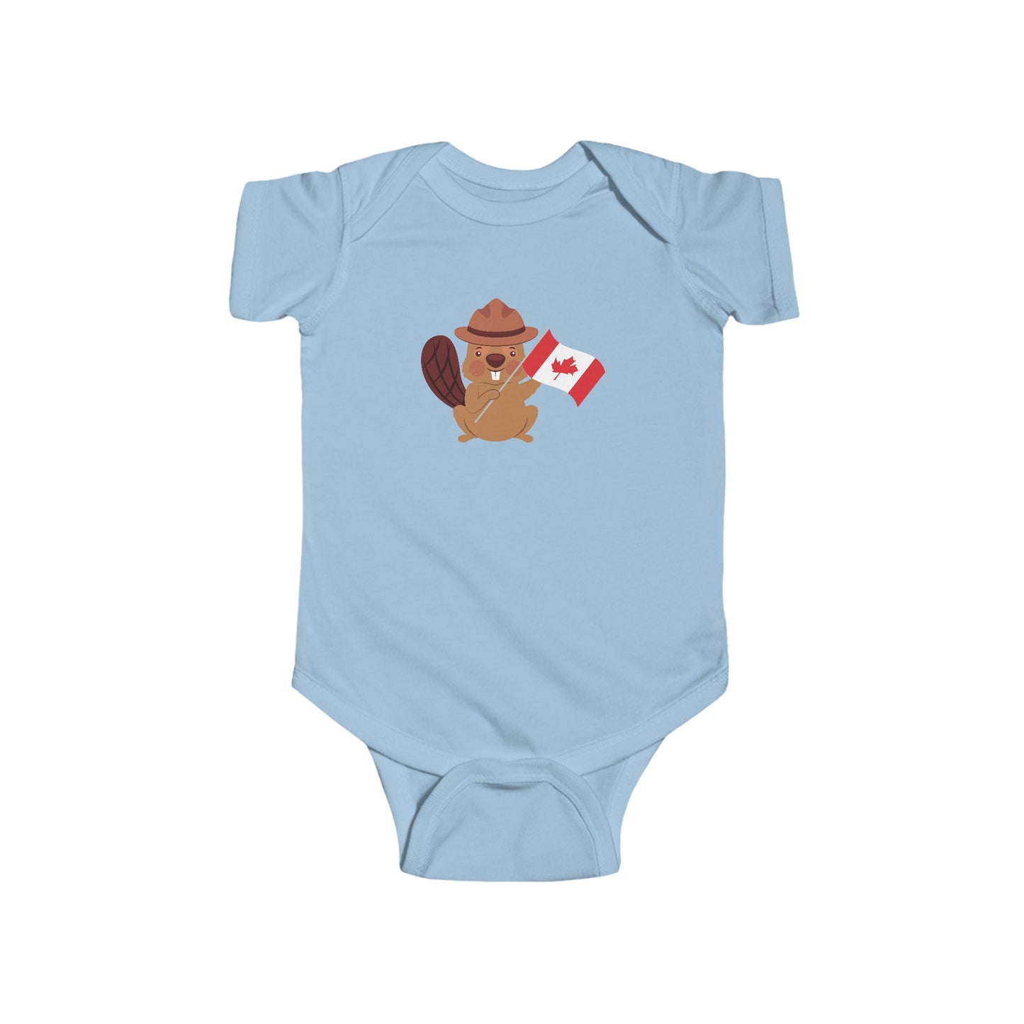 On the front of this custom baby Onesie® is an image of a beaver with a western hat on waving a Canadian flag.