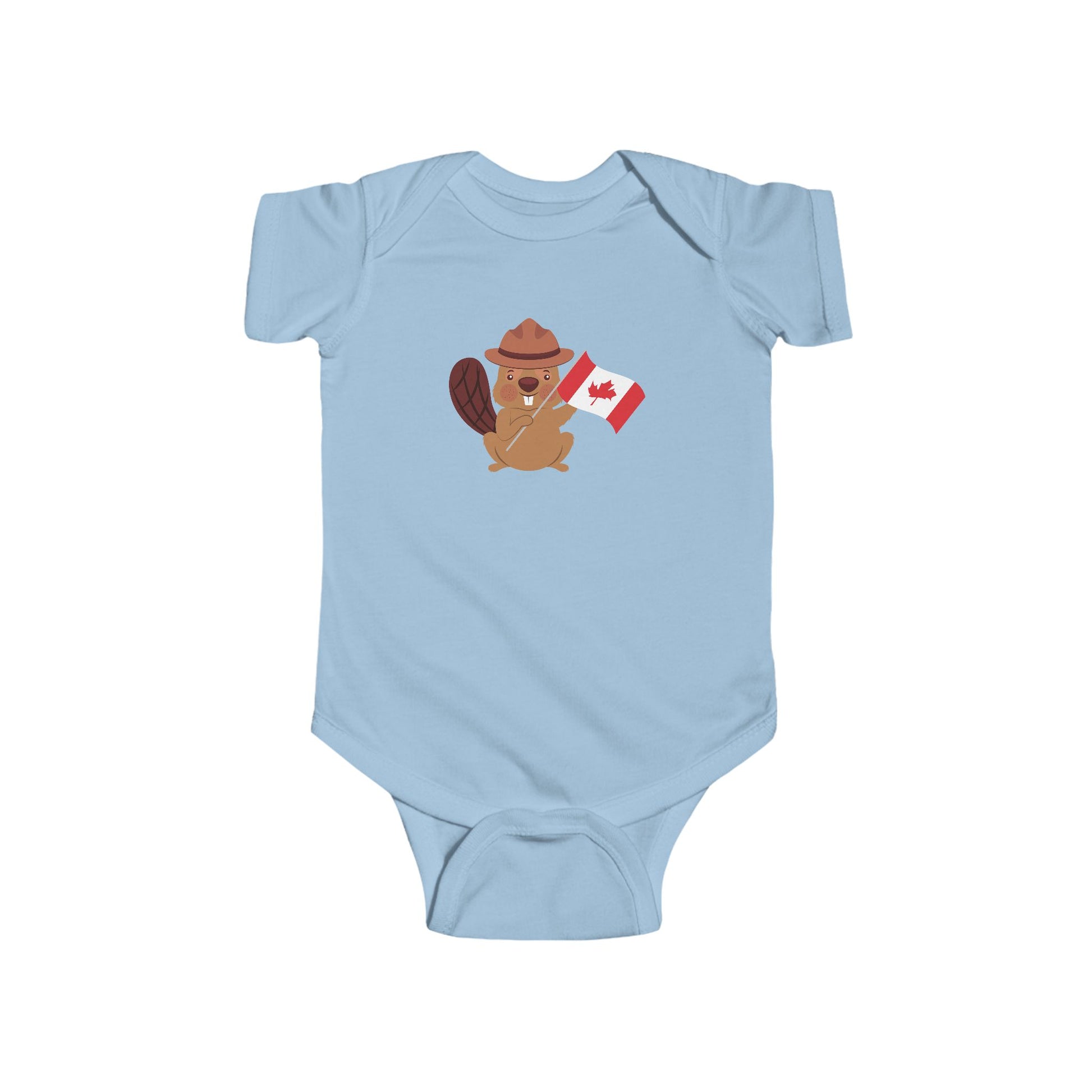 On the front of this custom baby Onesie® is an image of a beaver with a western hat on waving a Canadian flag.