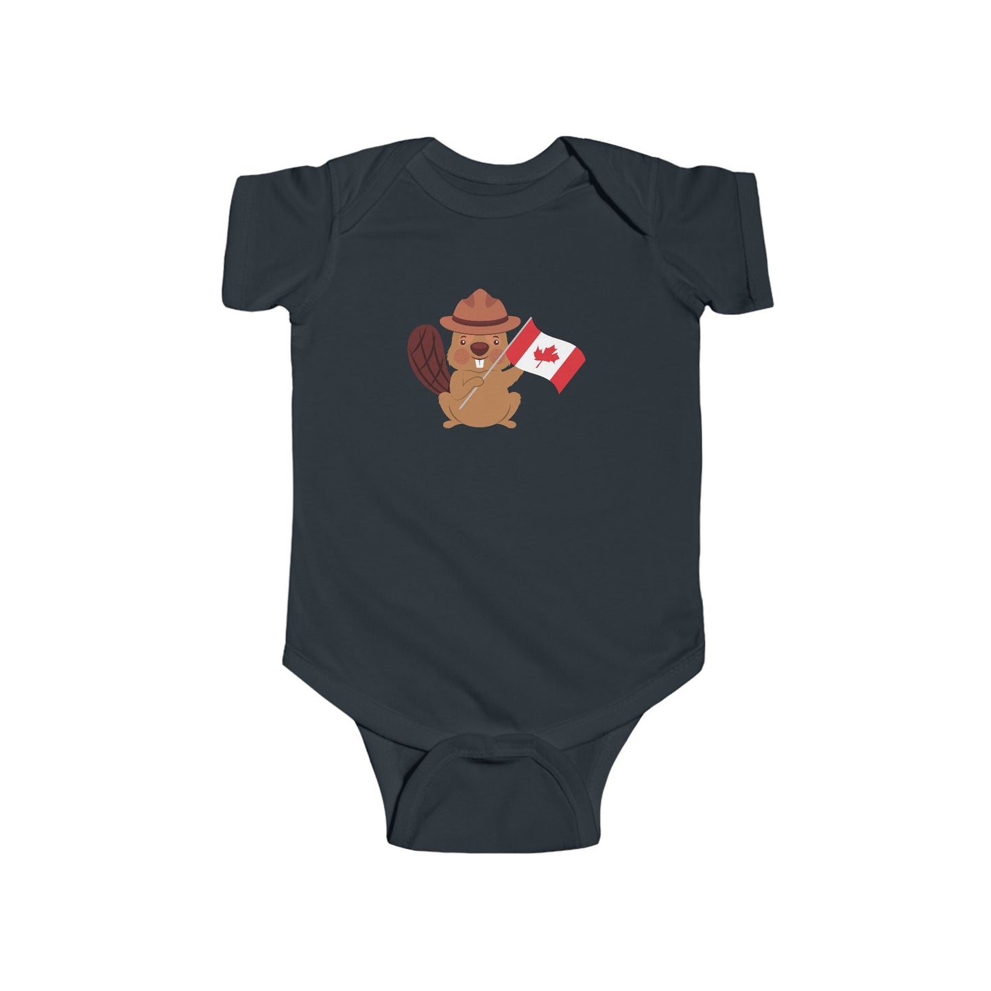 On the front of this custom baby Onesie® is an image of a beaver with a western hat on waving a Canadian flag.