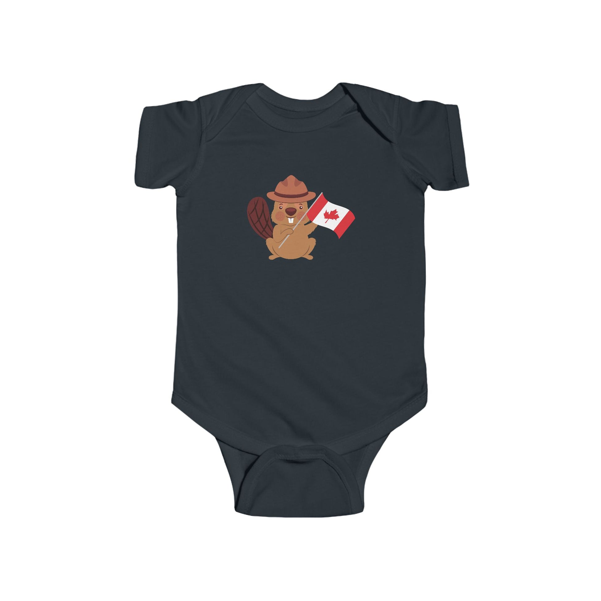 On the front of this custom baby Onesie® is an image of a beaver with a western hat on waving a Canadian flag.
