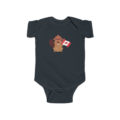 On the front of this custom baby Onesie® is an image of a beaver with a western hat on waving a Canadian flag.