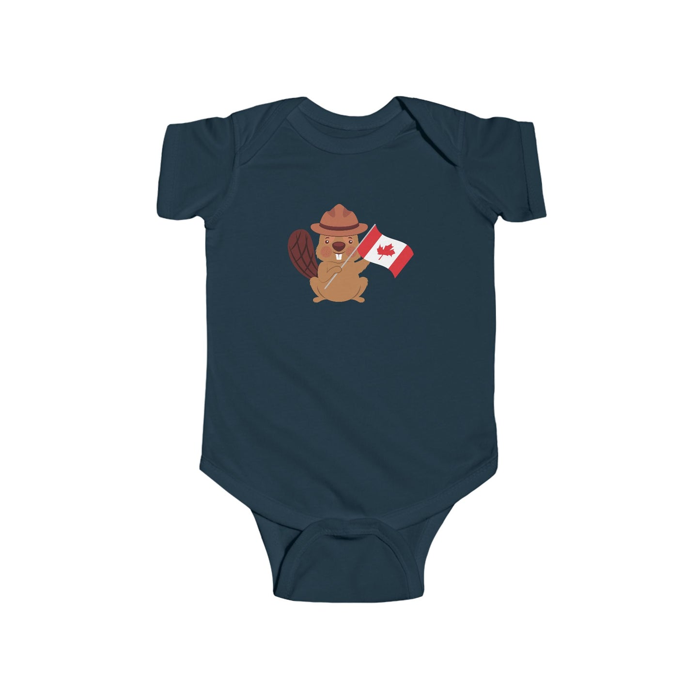 On the front of this custom baby Onesie® is an image of a beaver with a western hat on waving a Canadian flag.