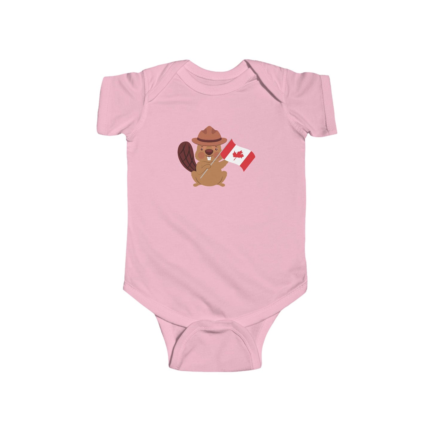 On the front of this custom baby Onesie® is an image of a beaver with a western hat on waving a Canadian flag.