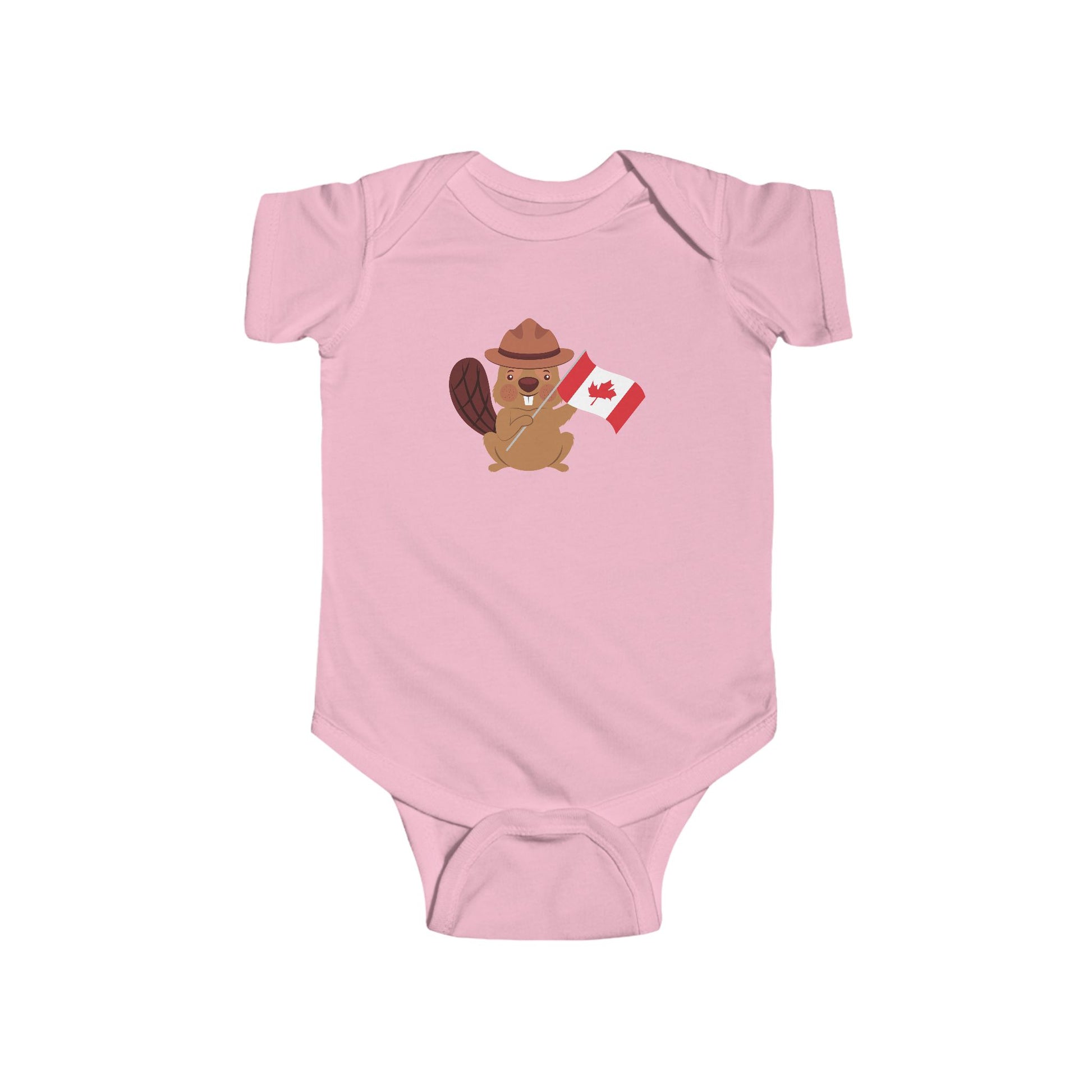 On the front of this custom baby Onesie® is an image of a beaver with a western hat on waving a Canadian flag.