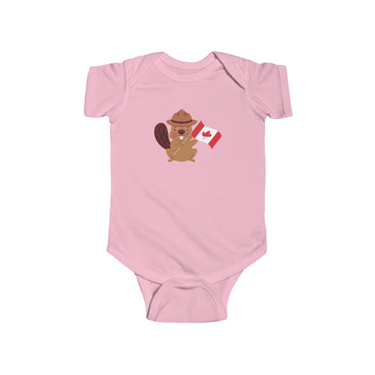 On the front of this custom baby Onesie® is an image of a beaver with a western hat on waving a Canadian flag.