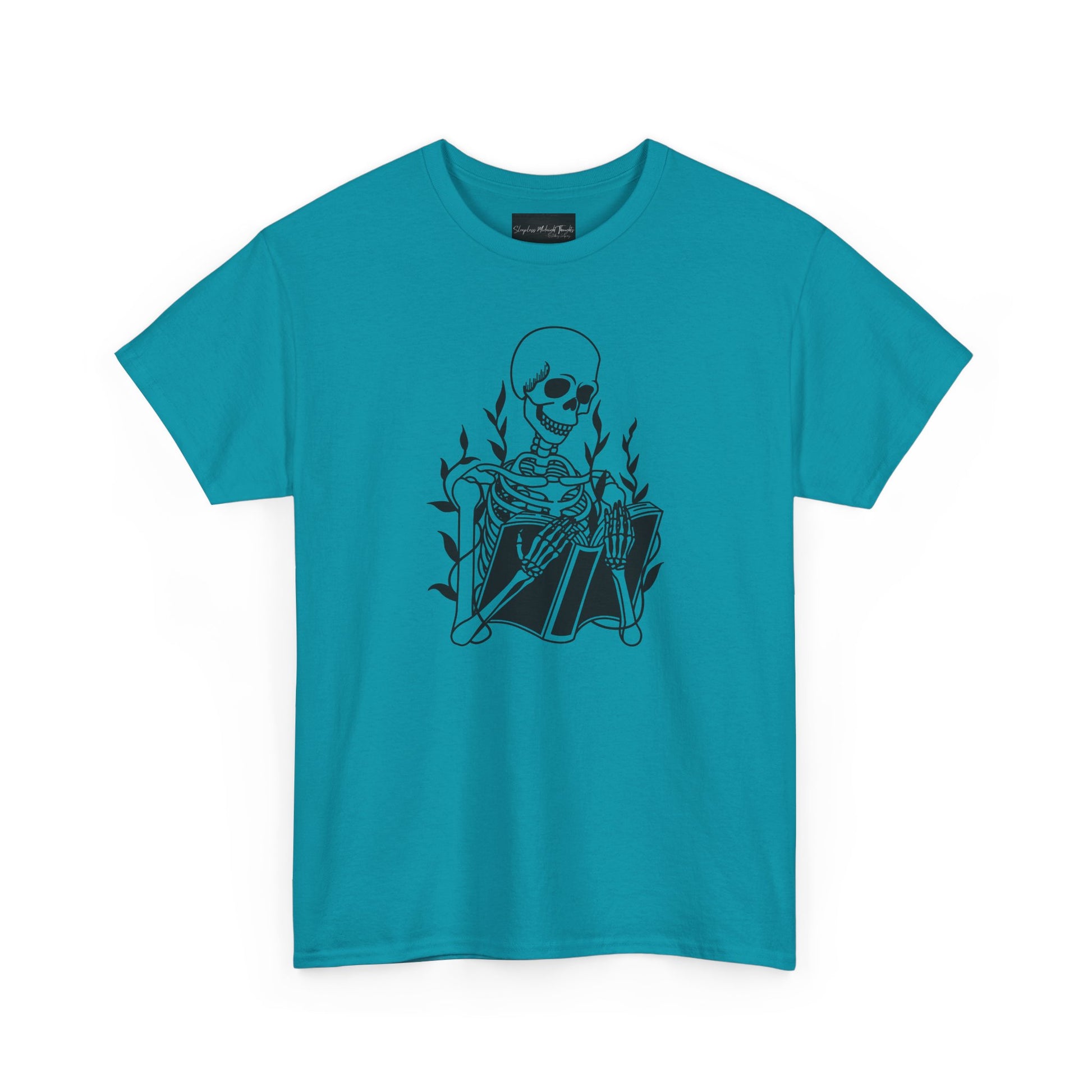 On the front of this custom unisex short sleeve shirt is a large image of a skeleton reading a book, there are vines with leaves on them behind the skeleton.