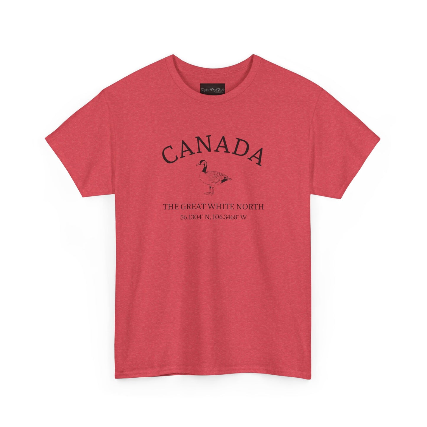 On the front of this patriotic short sleeve shirt is an image of a Canadian Goose with the word Canada above it in a half circle, the words "The Great White North" are underneath the image with Canada's coordinates underneath that.