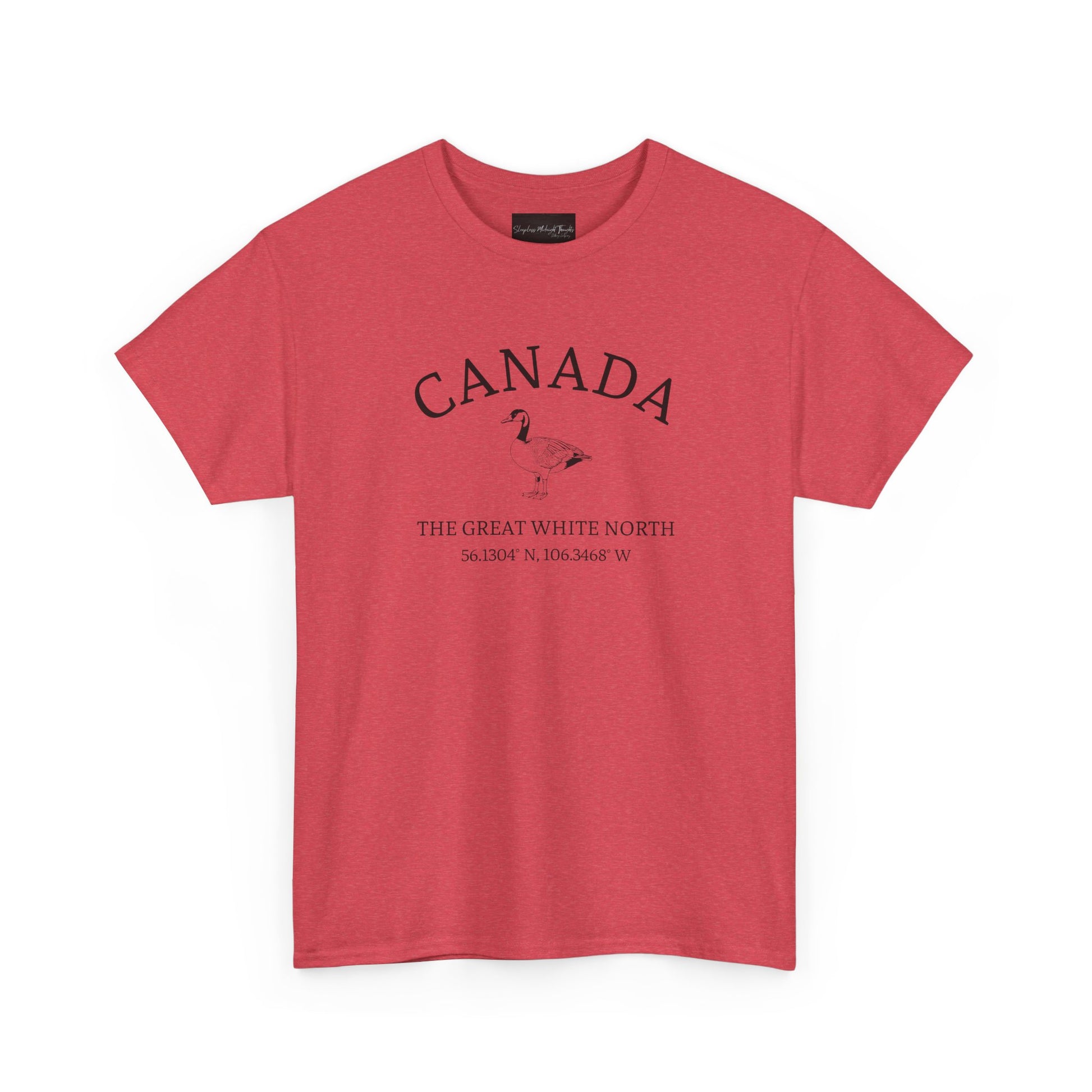 On the front of this patriotic short sleeve shirt is an image of a Canadian Goose with the word Canada above it in a half circle, the words "The Great White North" are underneath the image with Canada's coordinates underneath that.