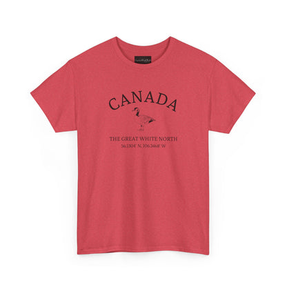 On the front of this patriotic short sleeve shirt is an image of a Canadian Goose with the word Canada above it in a half circle, the words "The Great White North" are underneath the image with Canada's coordinates underneath that.