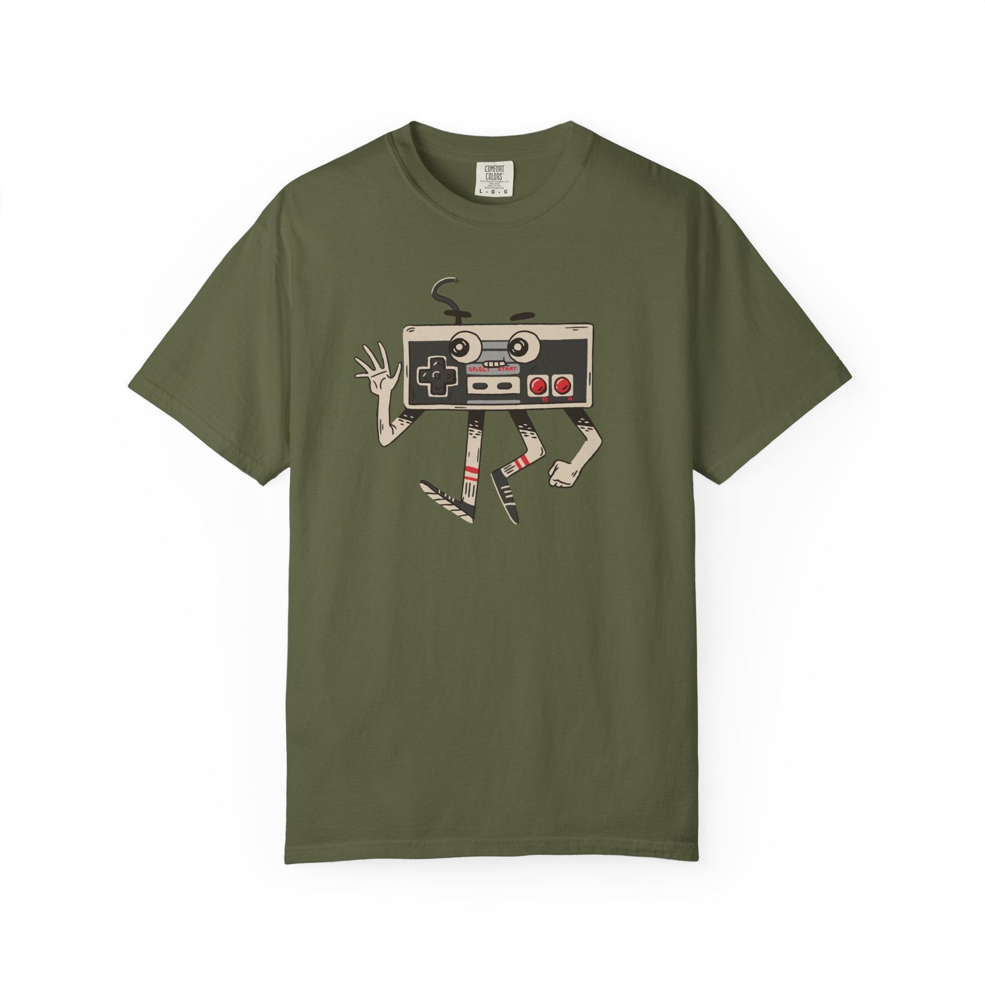 On the front of this custom vintage gaming short sleeve shirt is an image of a old school Nintendo controller, the controller has arms and legs and a face that makes it look like a cartoon character.