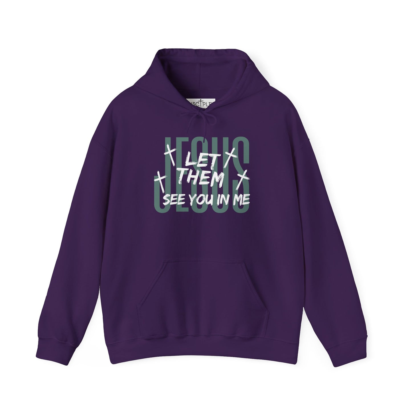On the front of this custom Christian hoodie it says Jesus in large letters with the words Let them see you in me overlayed overtop of Jesus, there are crosses around the wording.
